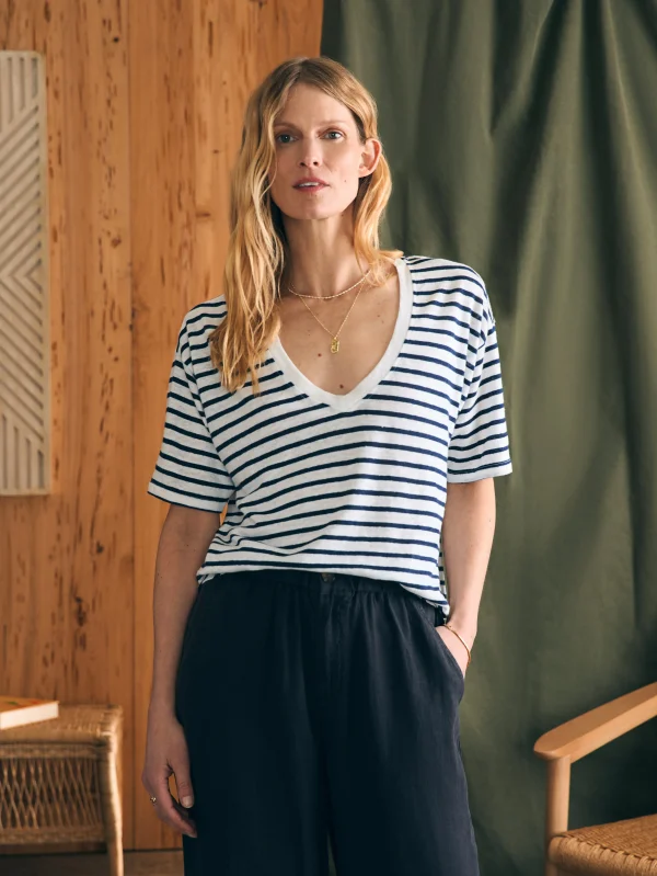 T-Shirts | Faherty Brand Oceanside Linen V-Neck Tee - Ahoy Stripe