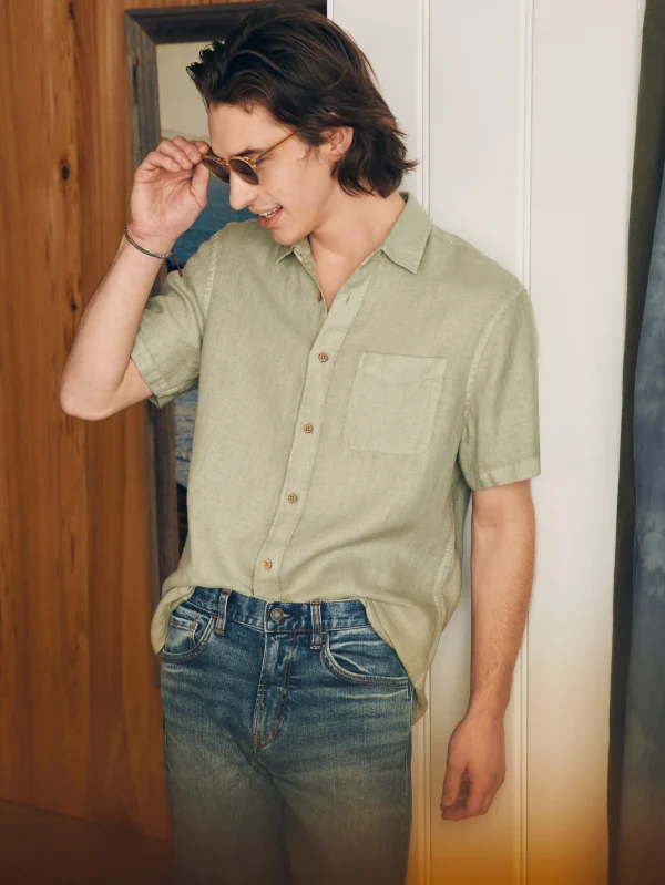 Shirts | Faherty Brand Short-Sleeve Palma Linen Shirt - Canyon Olive Basketweave